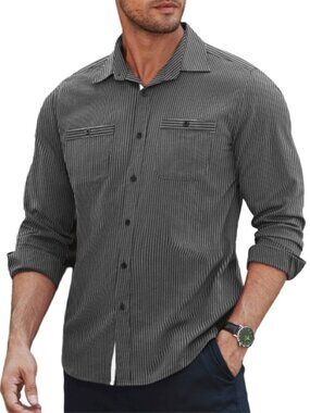 Mens Gray Stripe Button Down Shirt Long Sleeve Office Travel Coofandy Size XL